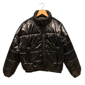 Animari Women's Black Glossy Puffer Jacket‎ Size M Cropped Bubble Zip Front Coat